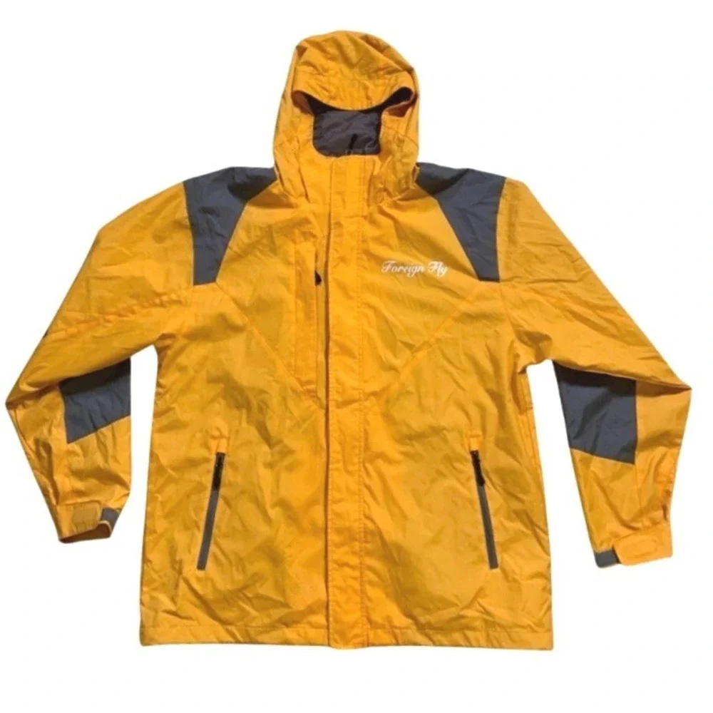 Tri-Mountain Foreign Fly Yellow Hooded Windbreaker Jacket Mens Large Car Logos‎